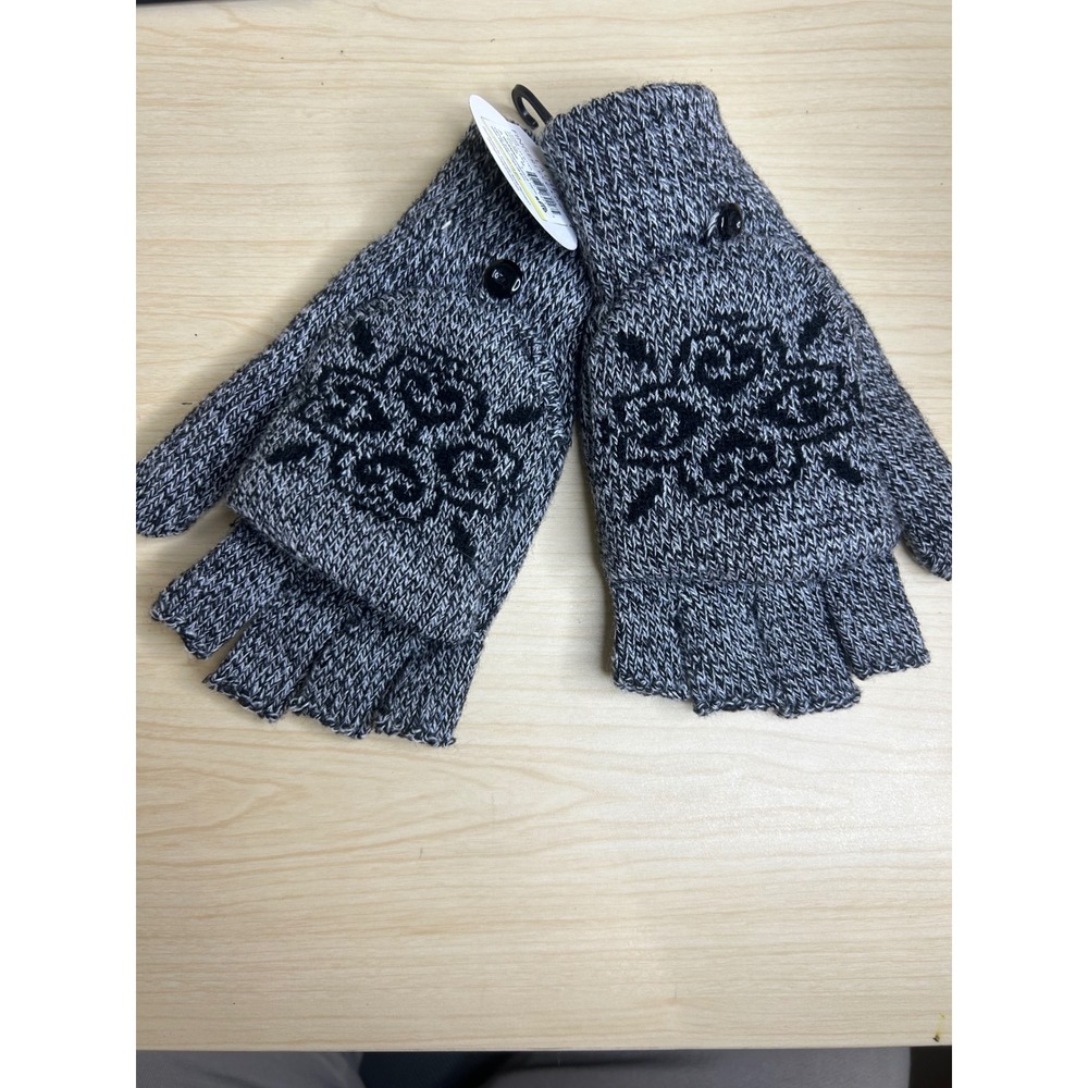 Pugs Apparel Convertible Fingerless Mitten Gloves Grey Black Knit Floral Rose